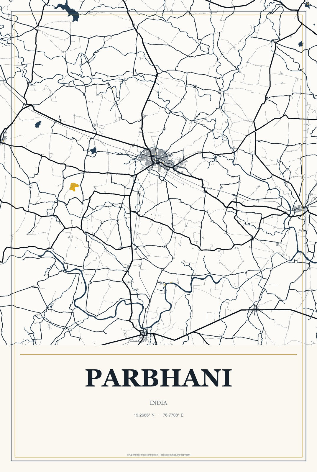 Parbhani, India City Map Aluminum Sign in Citrine Modern style