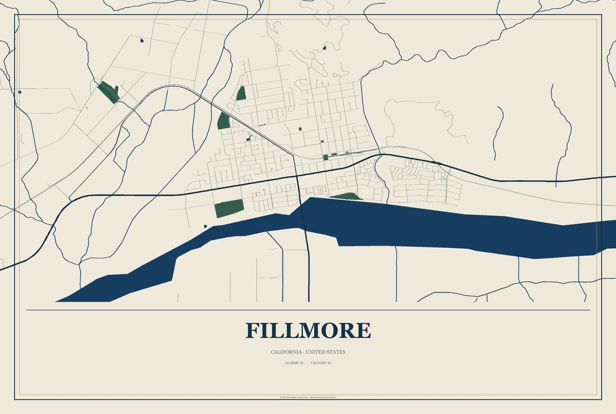 Fillmore, California City Map Aluminum Sign in Coastal Cutout style