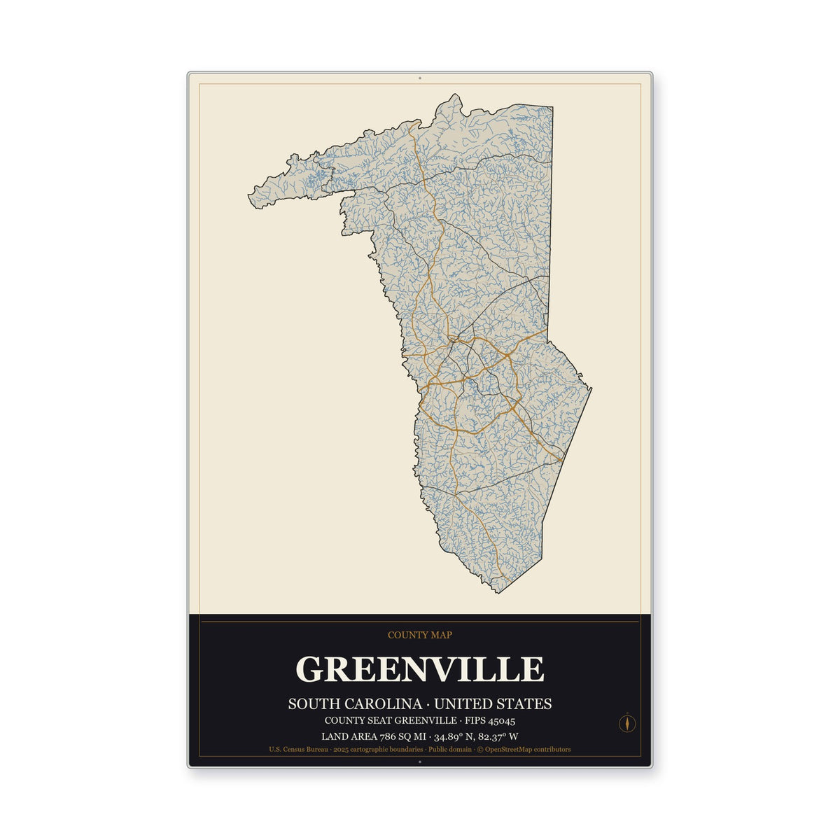 Greenville County, South Carolina Map Aluminum Sign in Museum Plaque style