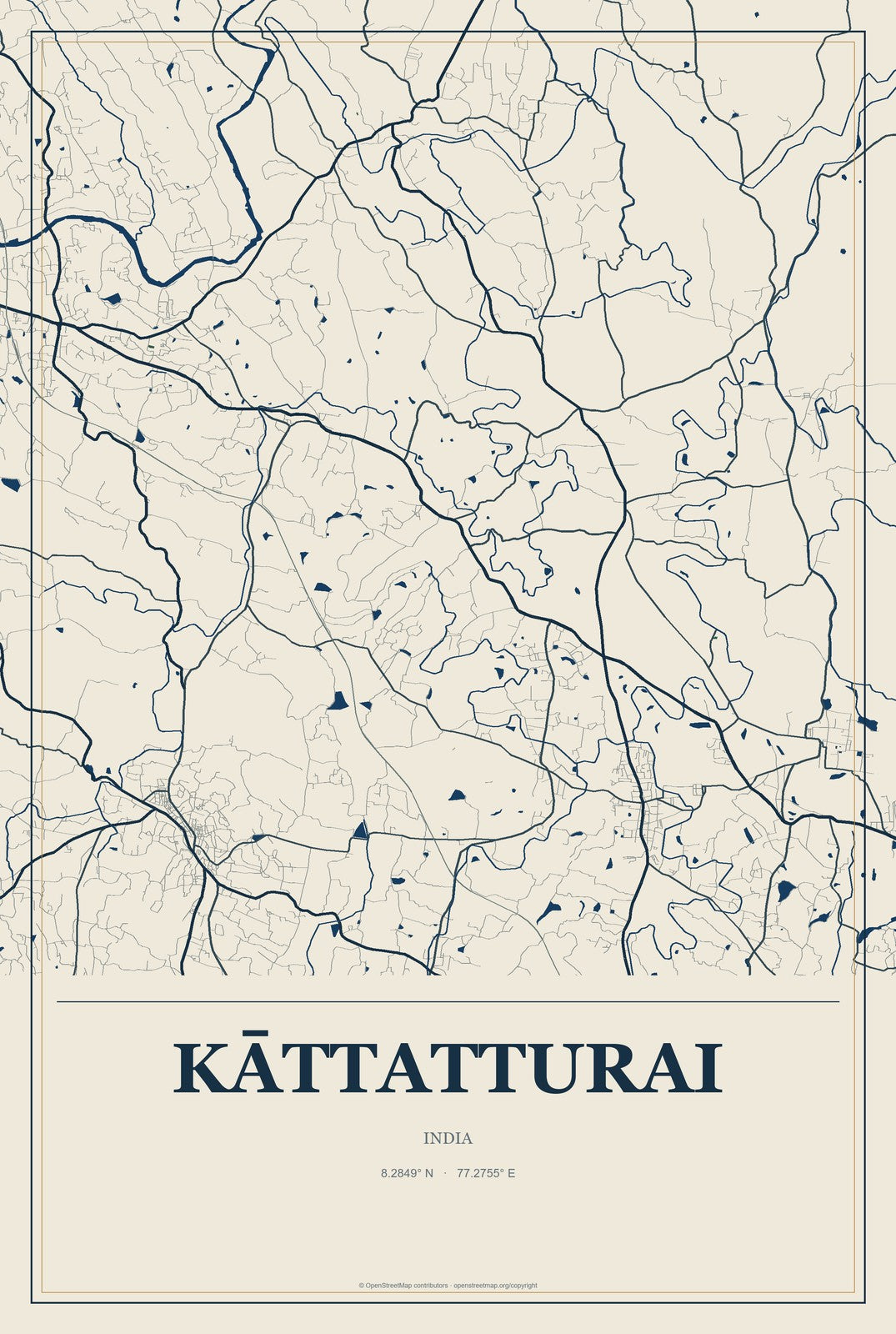 Kāttatturai, India City Map Aluminum Sign in Coastal Cutout style
