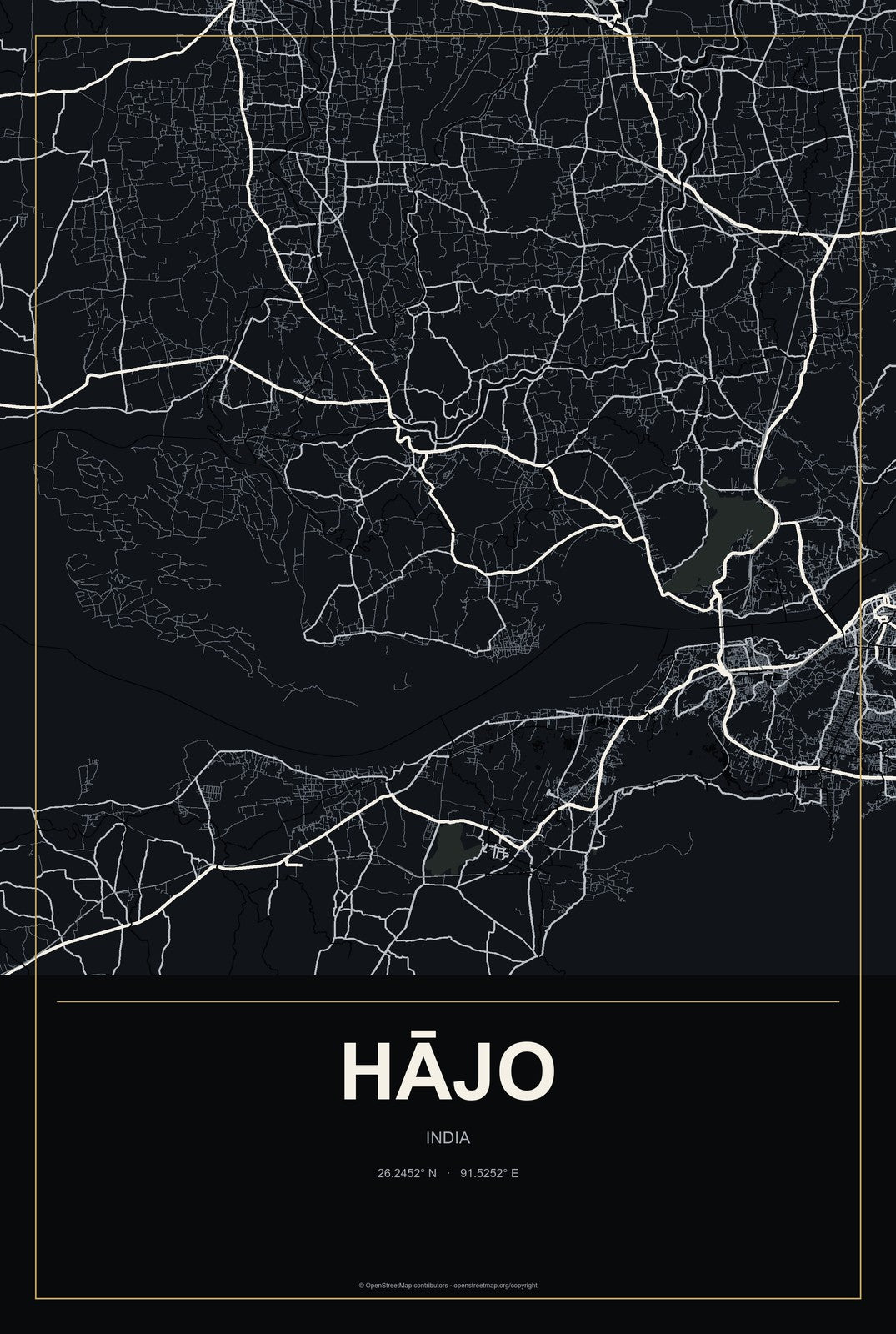 Hājo, India City Map Aluminum Sign in Metropolitan Noir style