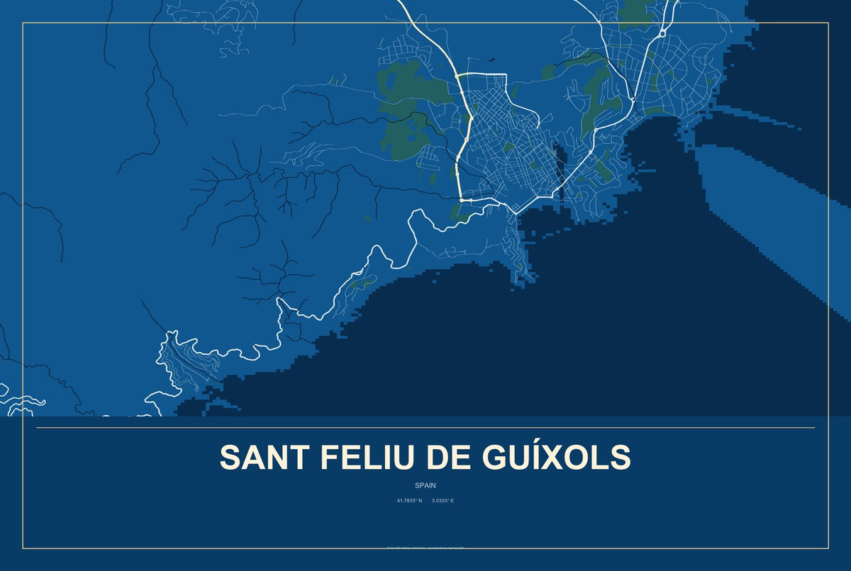 Sant Feliu de Guíxols, Spain City Map Aluminum Sign in Harbor Cobalt style