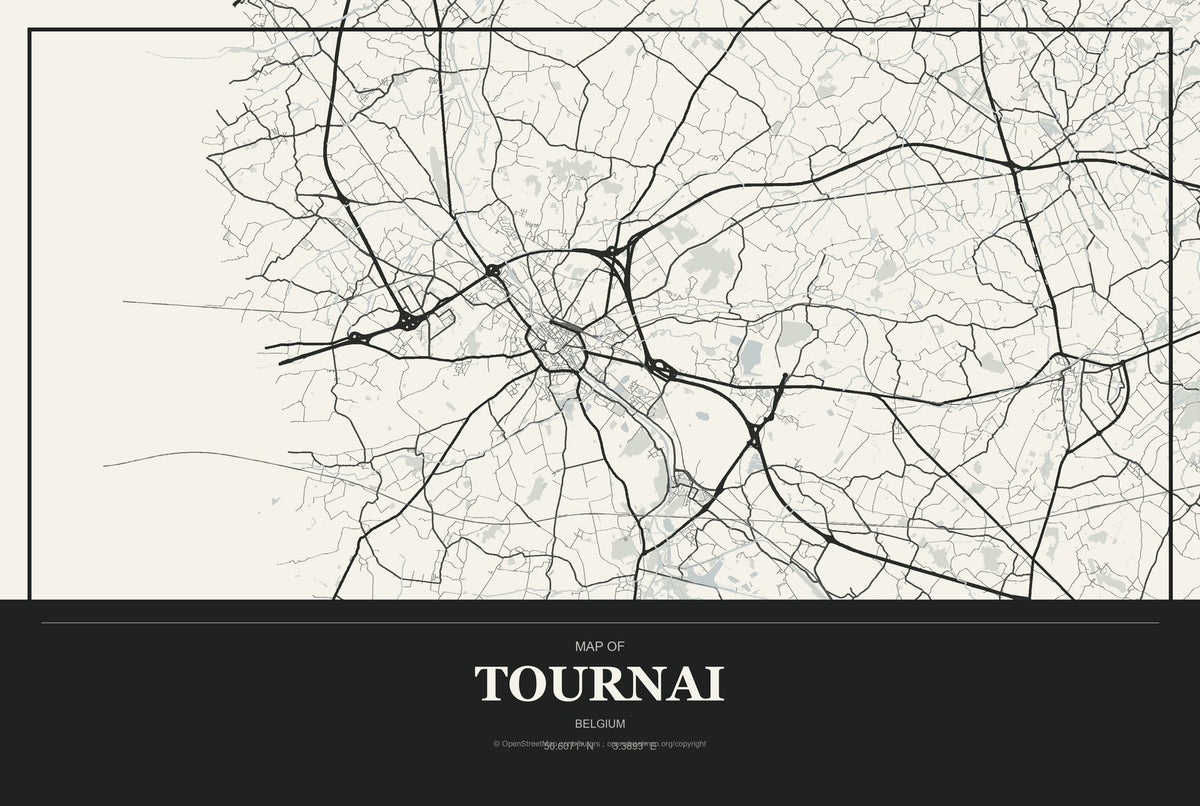 Tournai, Belgium City Map Aluminum Sign in Museum Plaque style