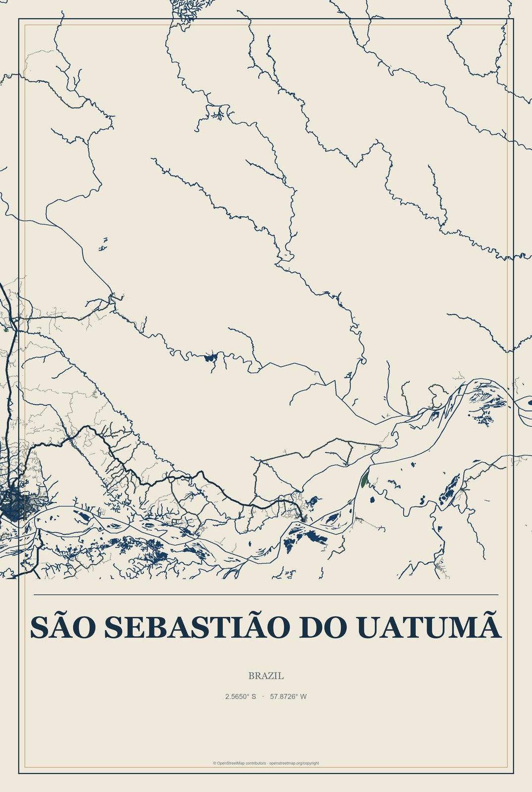 São Sebastião do Uatumã, Brazil City Map Aluminum Sign in Coastal Cutout style