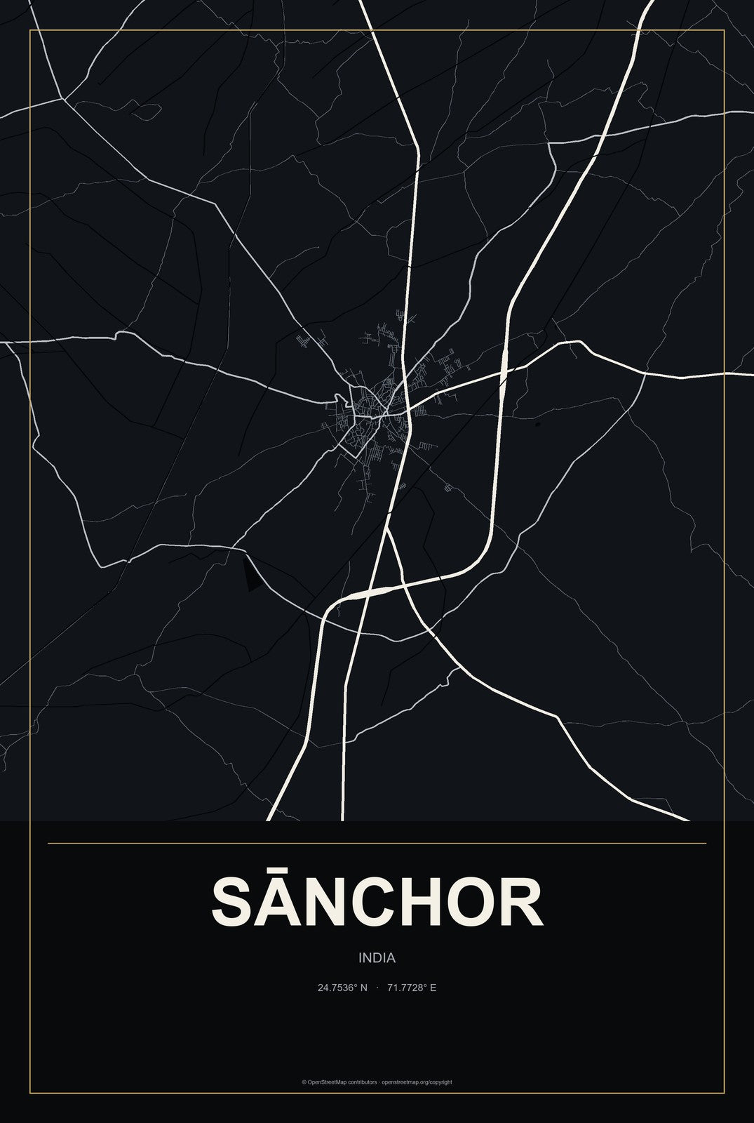 Sānchor, India City Map Aluminum Sign in Metropolitan Noir style