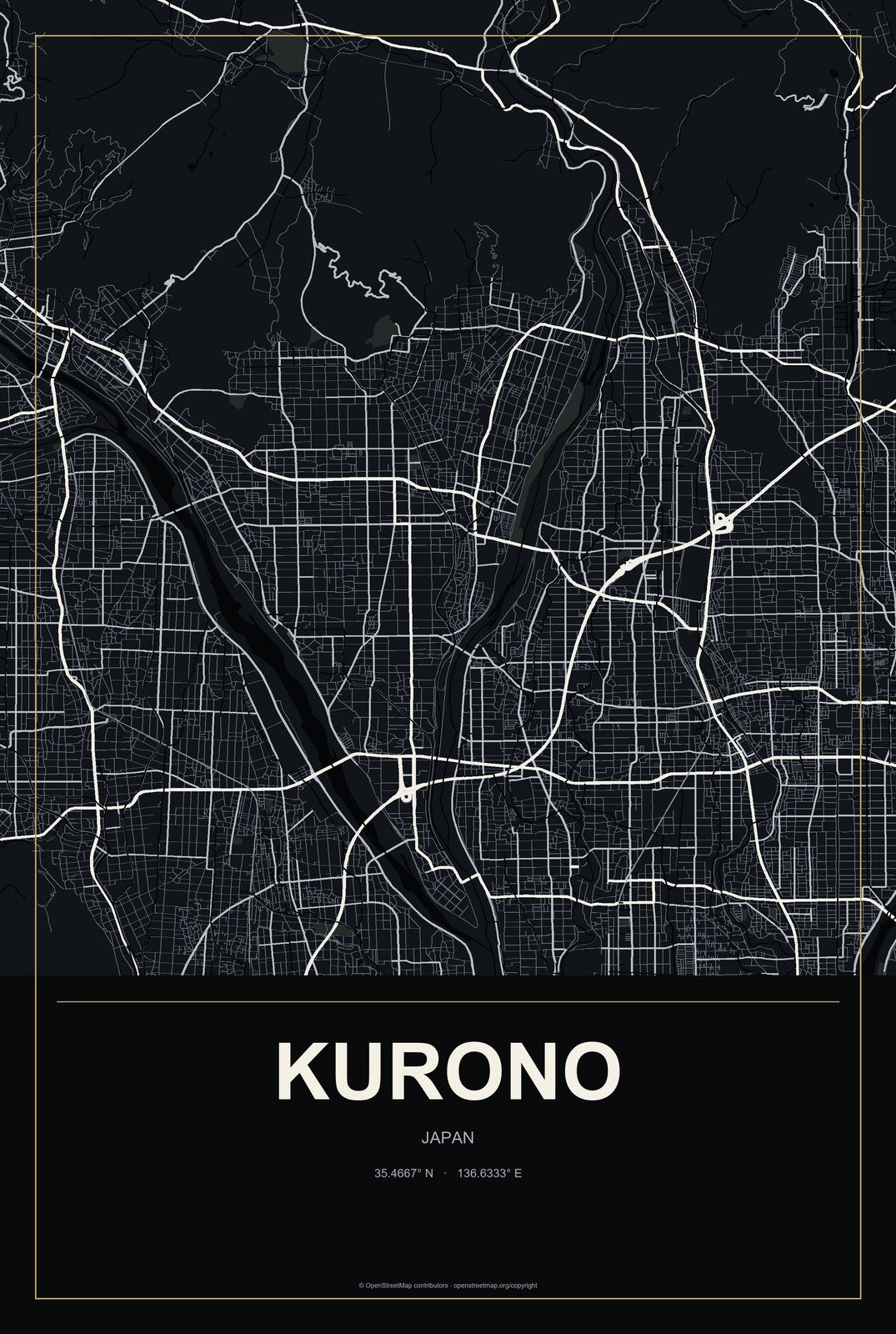 Kurono, Japan City Map Aluminum Sign in Metropolitan Noir style