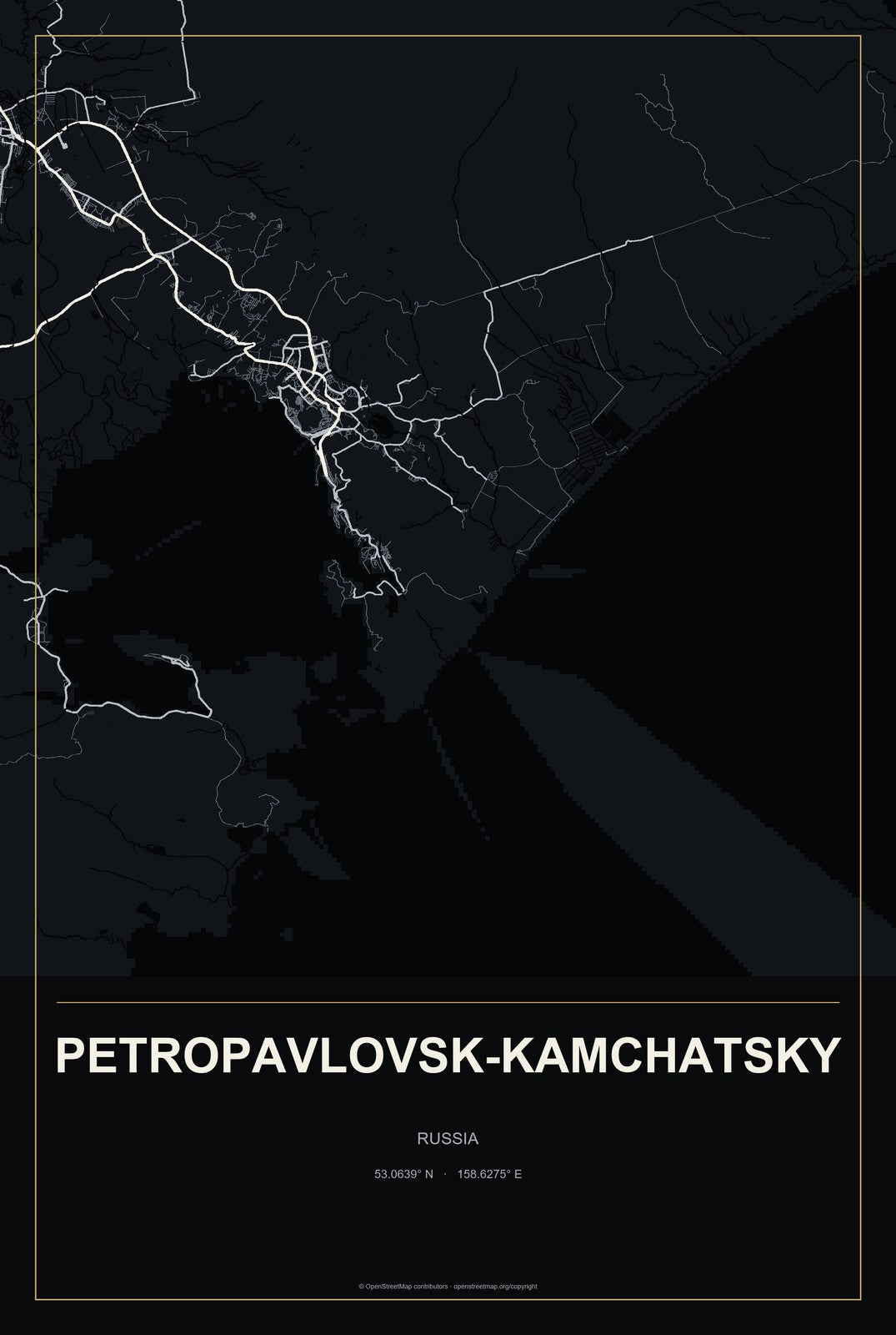 Petropavlovsk-Kamchatsky, Russia City Map Aluminum Sign in Metropolitan Noir style