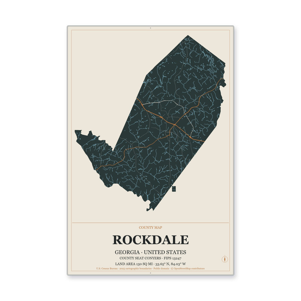Rockdale County, Georgia Map Aluminum Sign in Headline Atlas style
