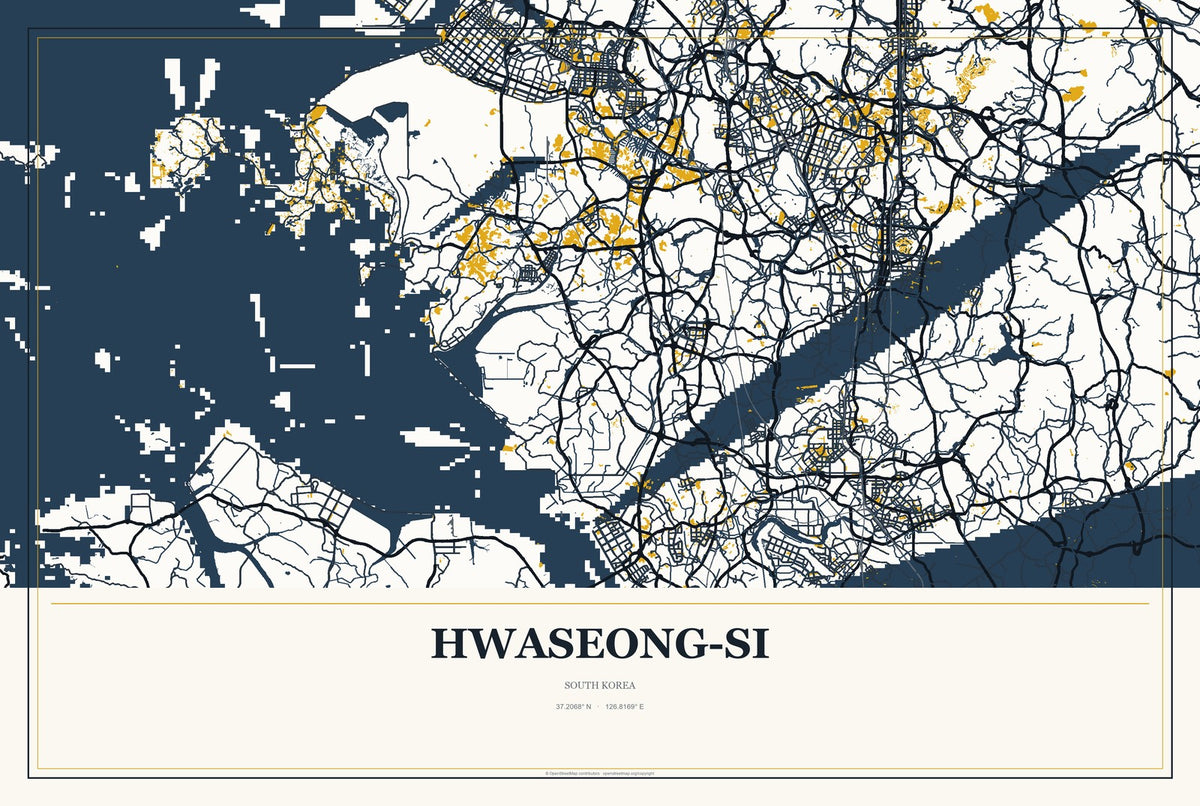 Hwaseong-si, South Korea City Map Aluminum Sign in Citrine Modern style