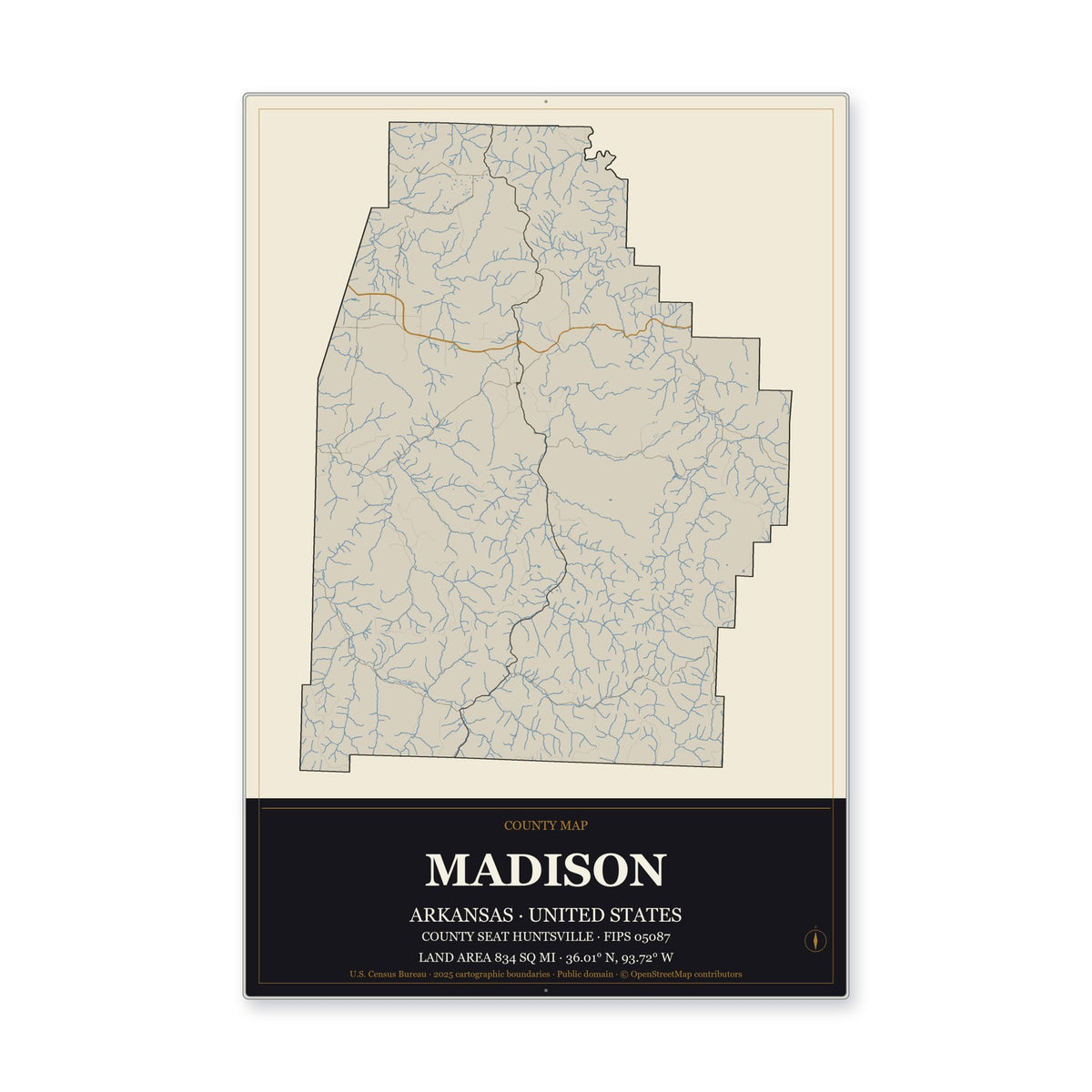 Madison County, Arkansas Map Aluminum Sign in Museum Plaque style