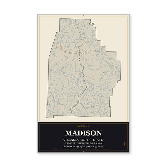 Madison County, Arkansas Map Aluminum Sign in Museum Plaque style