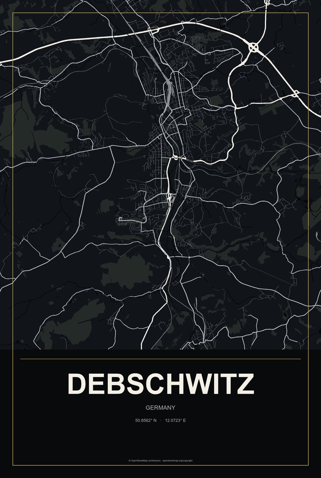 Debschwitz, Germany City Map Aluminum Sign in Metropolitan Noir style