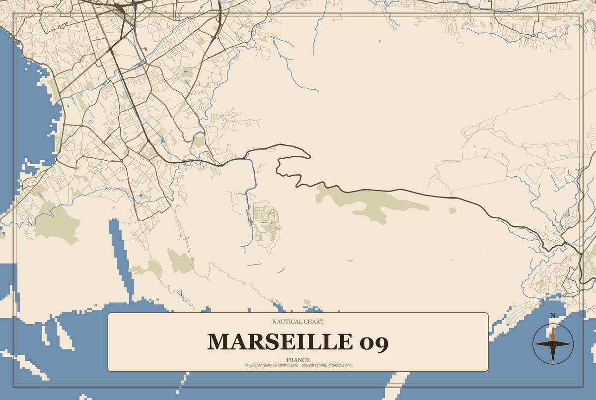 Marseille 09, France City Map Aluminum Sign in Heritage Nautical style