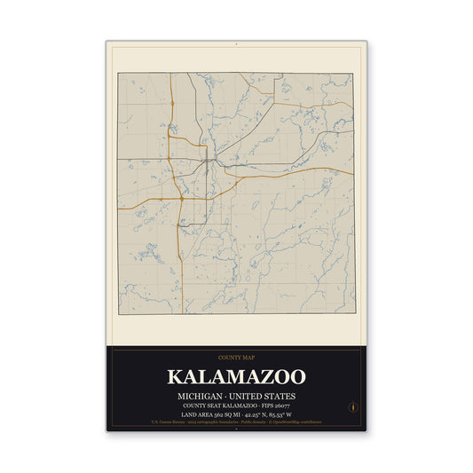 Kalamazoo County, Michigan Map Aluminum Sign in Museum Plaque style