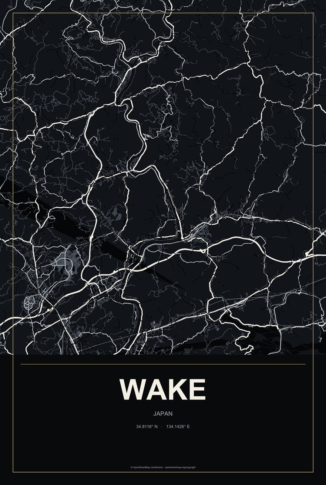 Wake, Japan City Map Aluminum Sign in Metropolitan Noir style