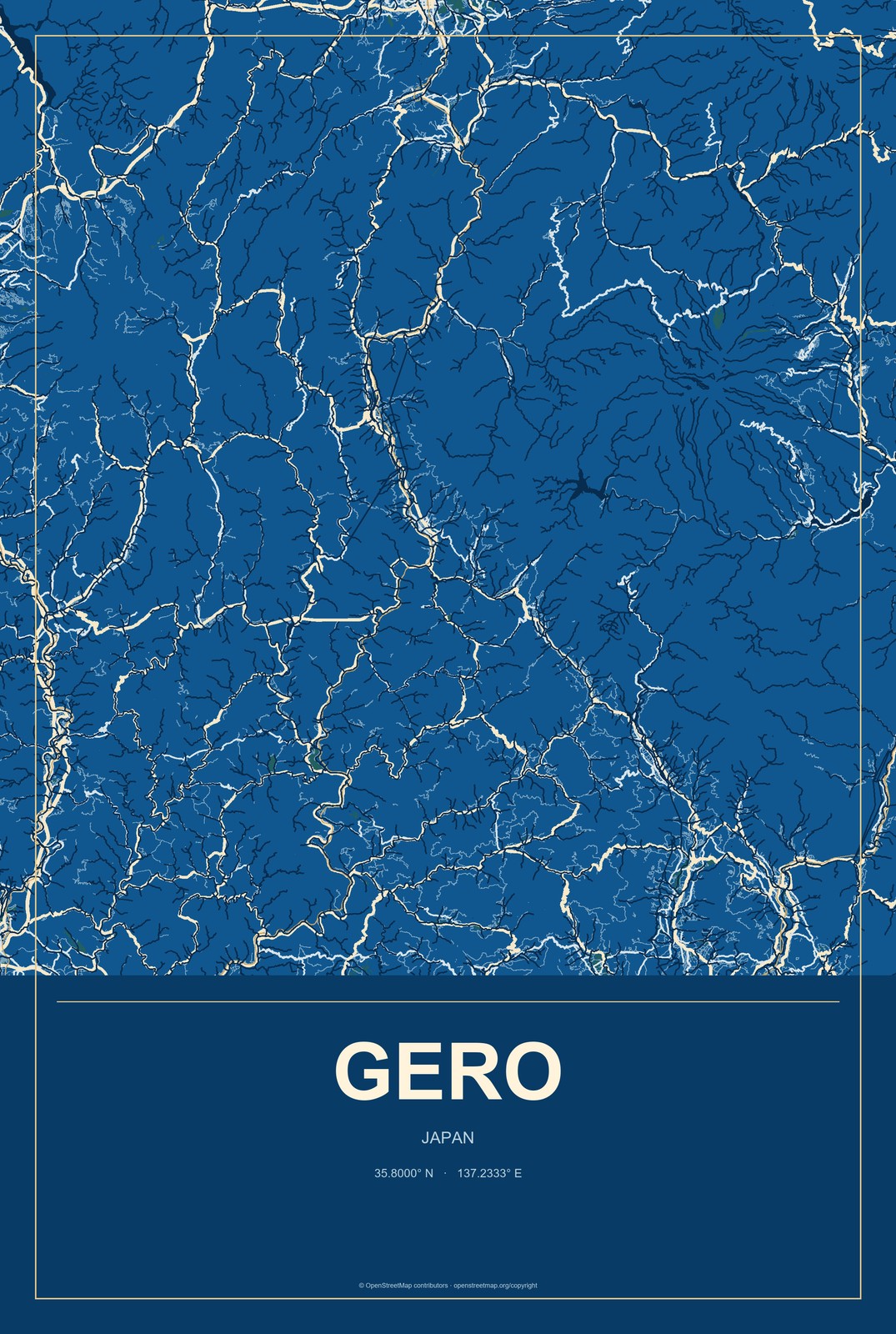 Gero, Japan City Map Aluminum Sign in Harbor Cobalt style