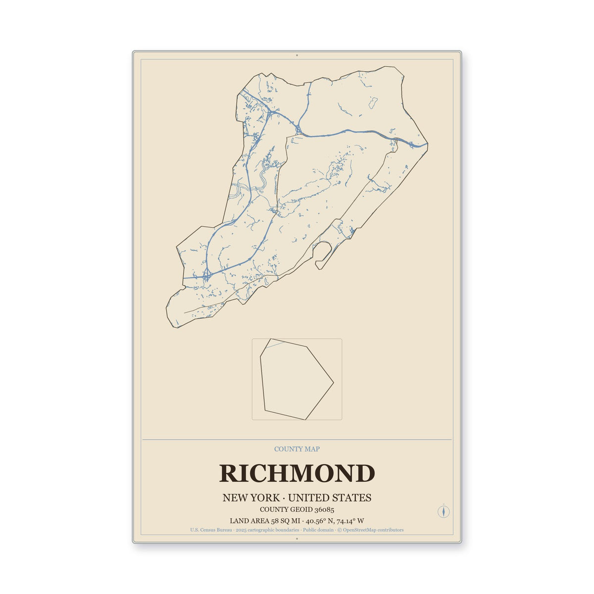 Richmond County, New York Map Aluminum Sign in Heritage Nautical style