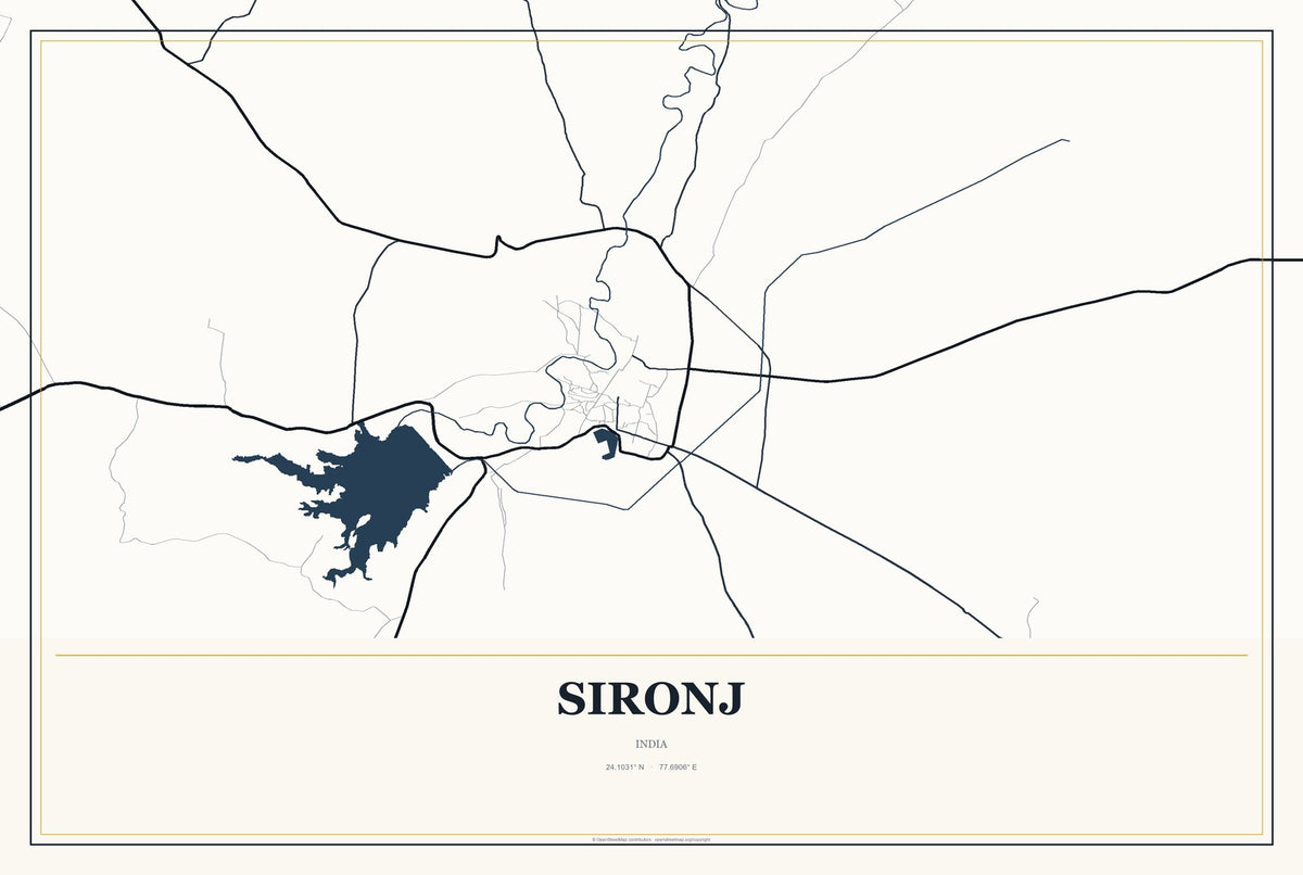 Sironj, India City Map Aluminum Sign in Citrine Modern style
