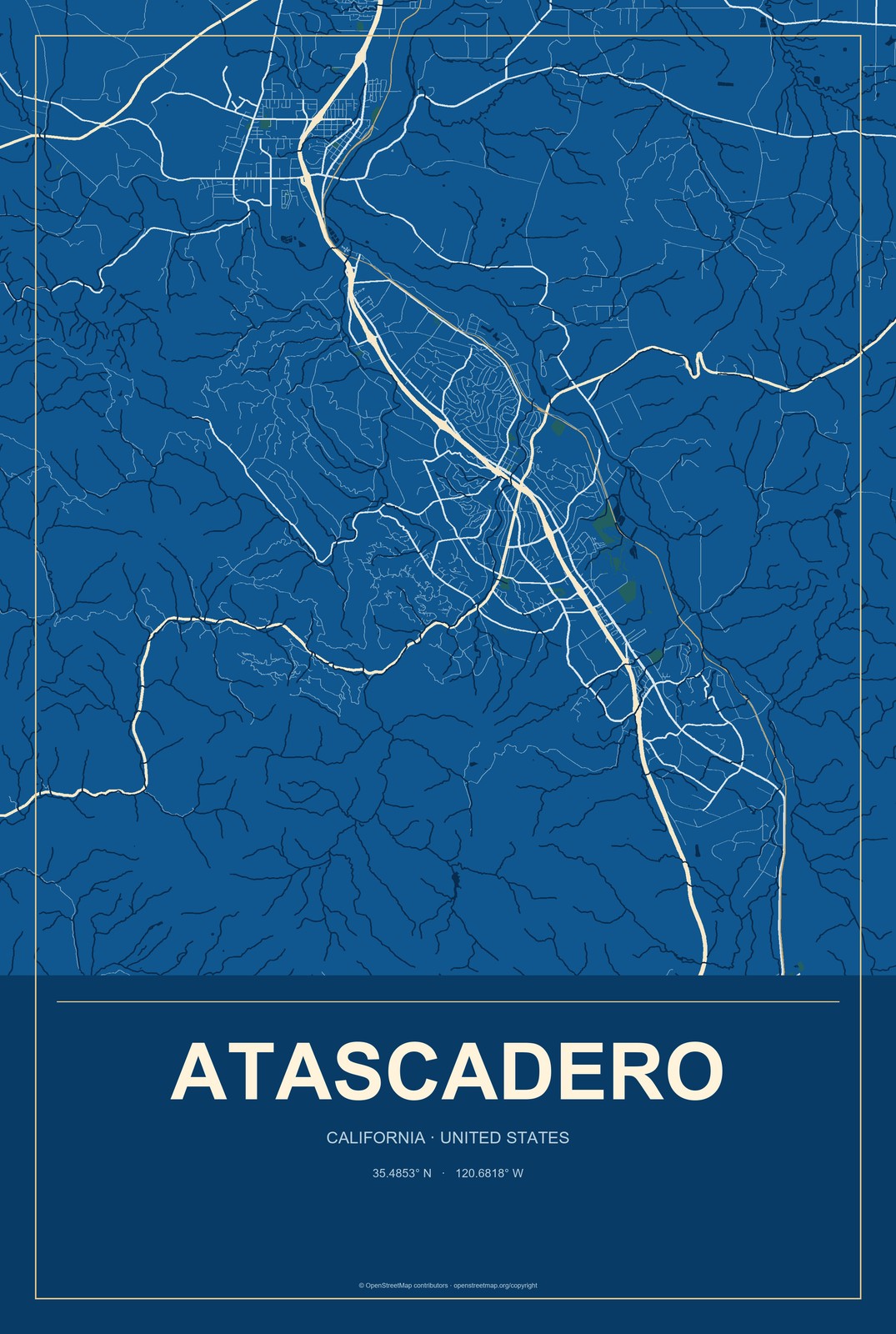 Atascadero, California City Map Aluminum Sign in Harbor Cobalt style
