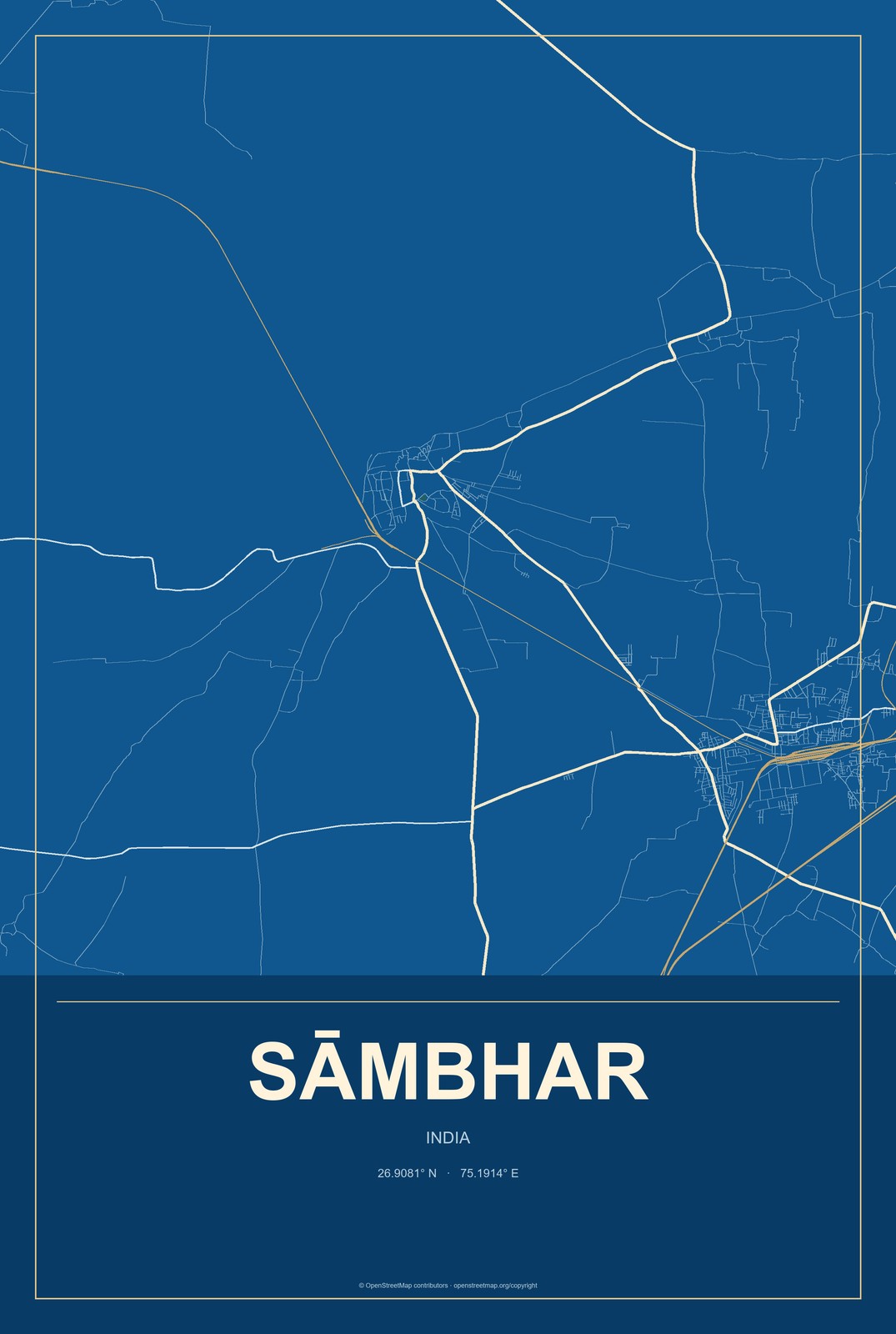 Sāmbhar, India City Map Aluminum Sign in Harbor Cobalt style
