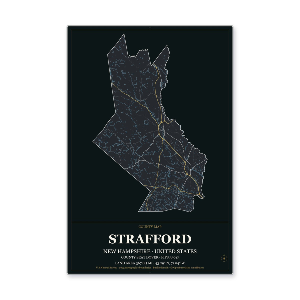 Strafford County, New Hampshire Map Aluminum Sign in Metropolitan Noir style