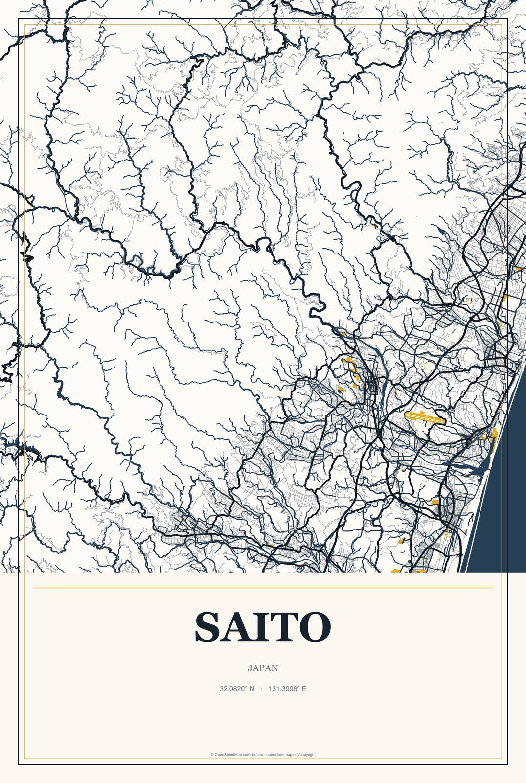 Saito, Japan City Map Aluminum Sign in Citrine Modern style