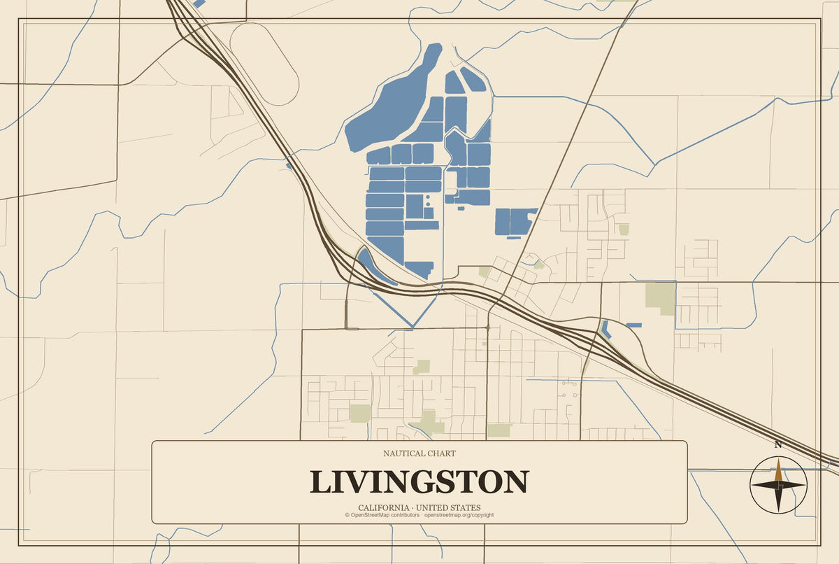 Livingston, California City Map Aluminum Sign in Heritage Nautical style