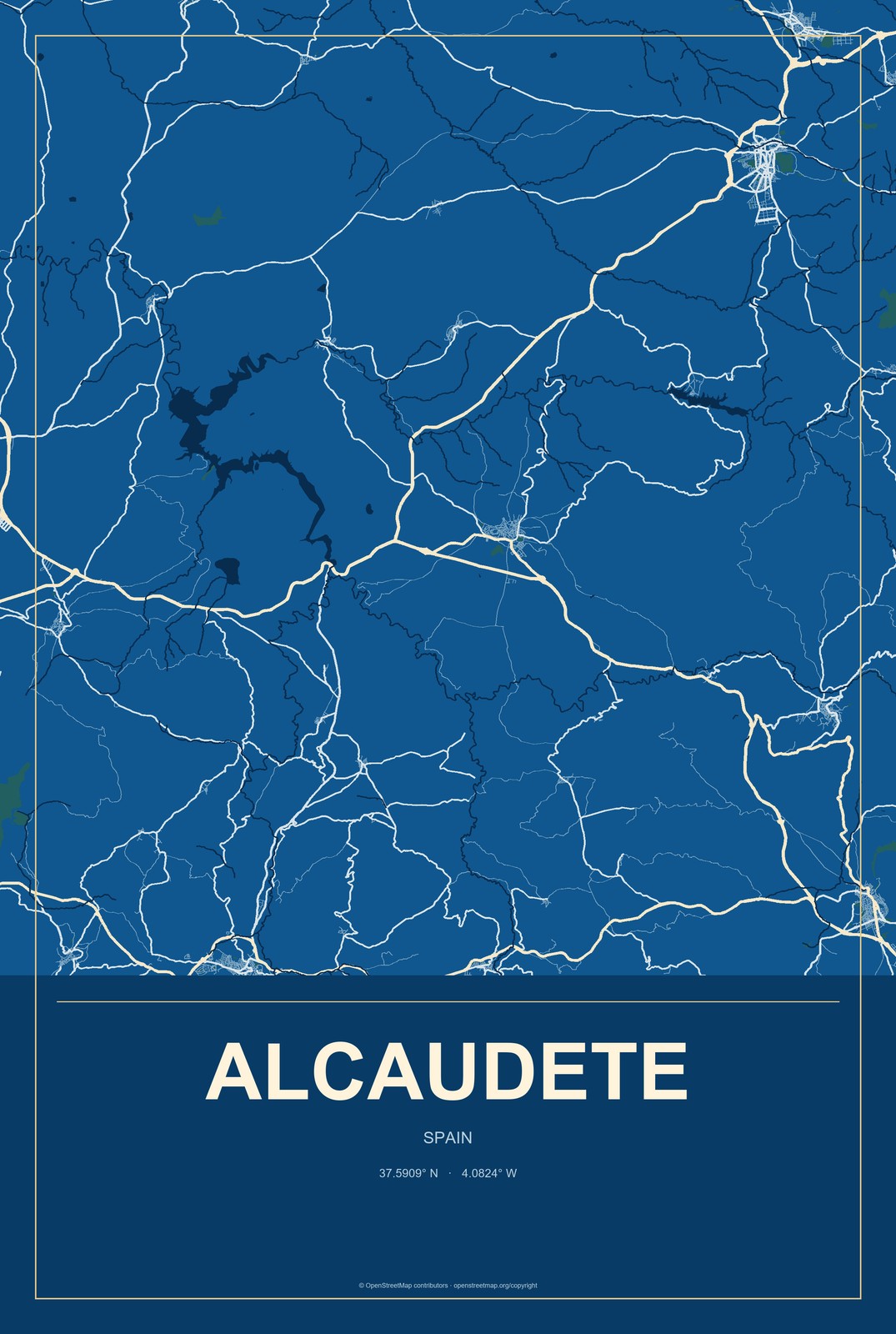 Alcaudete, Spain City Map Aluminum Sign in Harbor Cobalt style