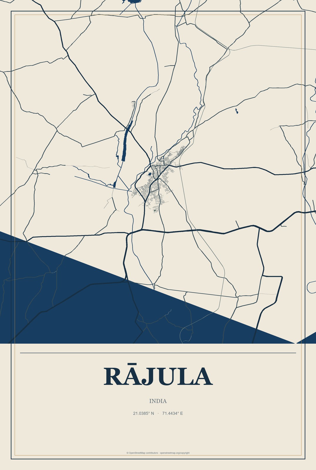 Rājula, India City Map Aluminum Sign in Coastal Cutout style
