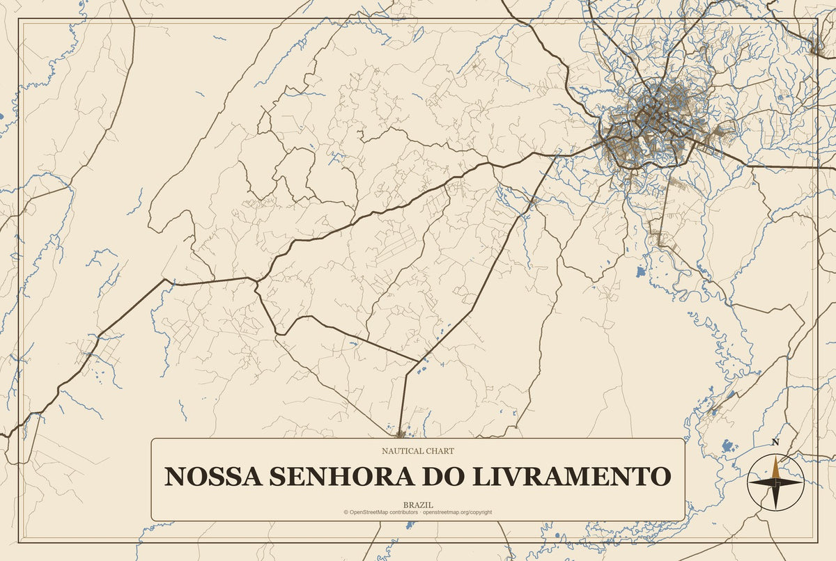 Nossa Senhora do Livramento, Brazil City Map Aluminum Sign in Heritage Nautical style