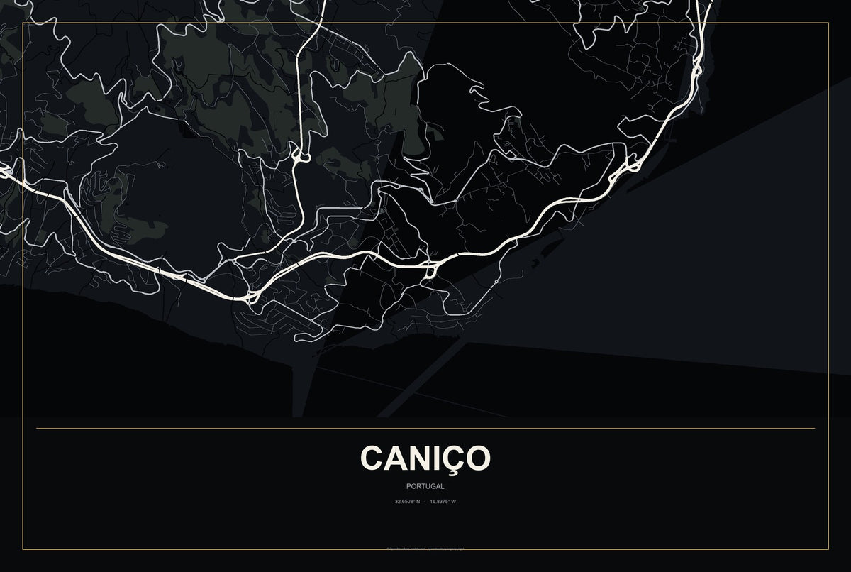 Caniço, Portugal City Map Aluminum Sign in Metropolitan Noir style