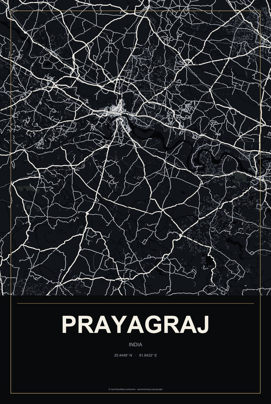 Prayagraj, India City Map Aluminum Sign in Metropolitan Noir style