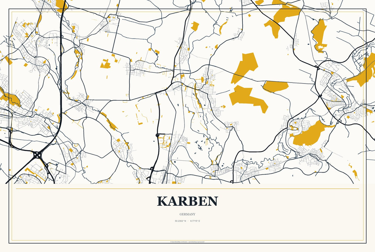 Karben, Germany City Map Aluminum Sign in Citrine Modern style