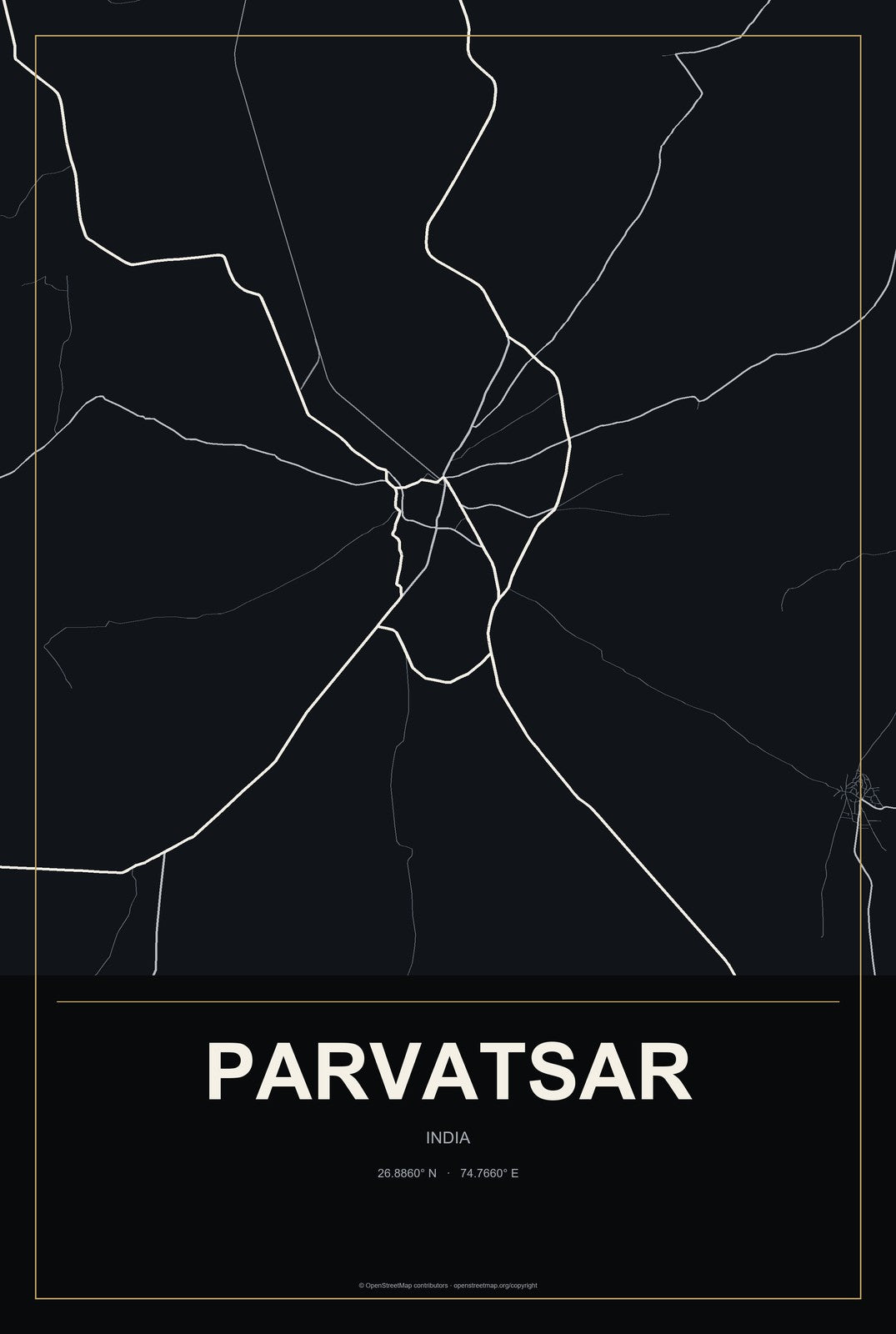 Parvatsar, India City Map Aluminum Sign in Metropolitan Noir style