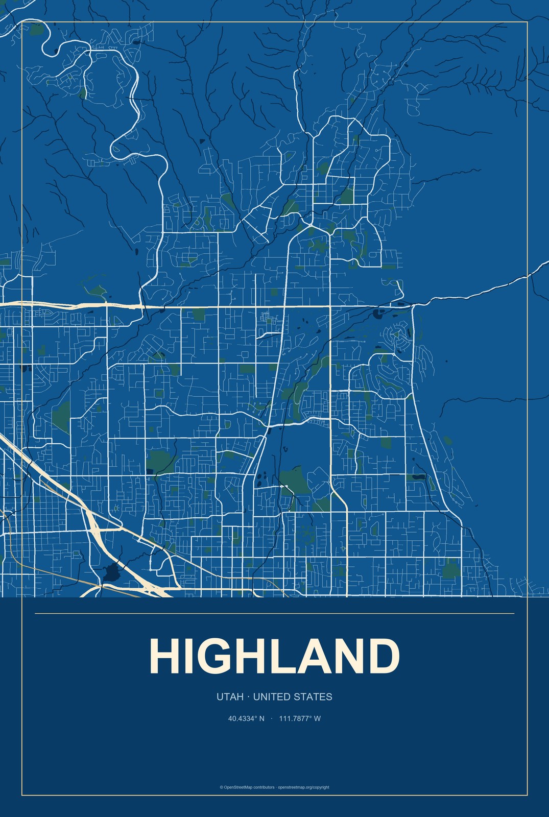 Highland, Utah City Map Aluminum Sign in Harbor Cobalt style