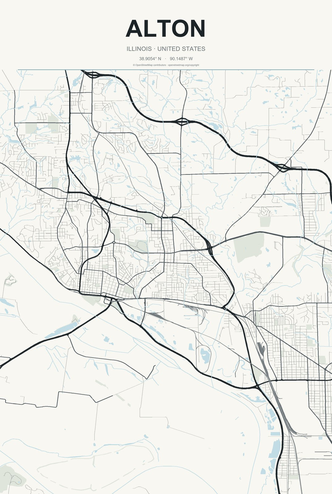 Alton, Illinois City Map Aluminum Sign in Headline Atlas style