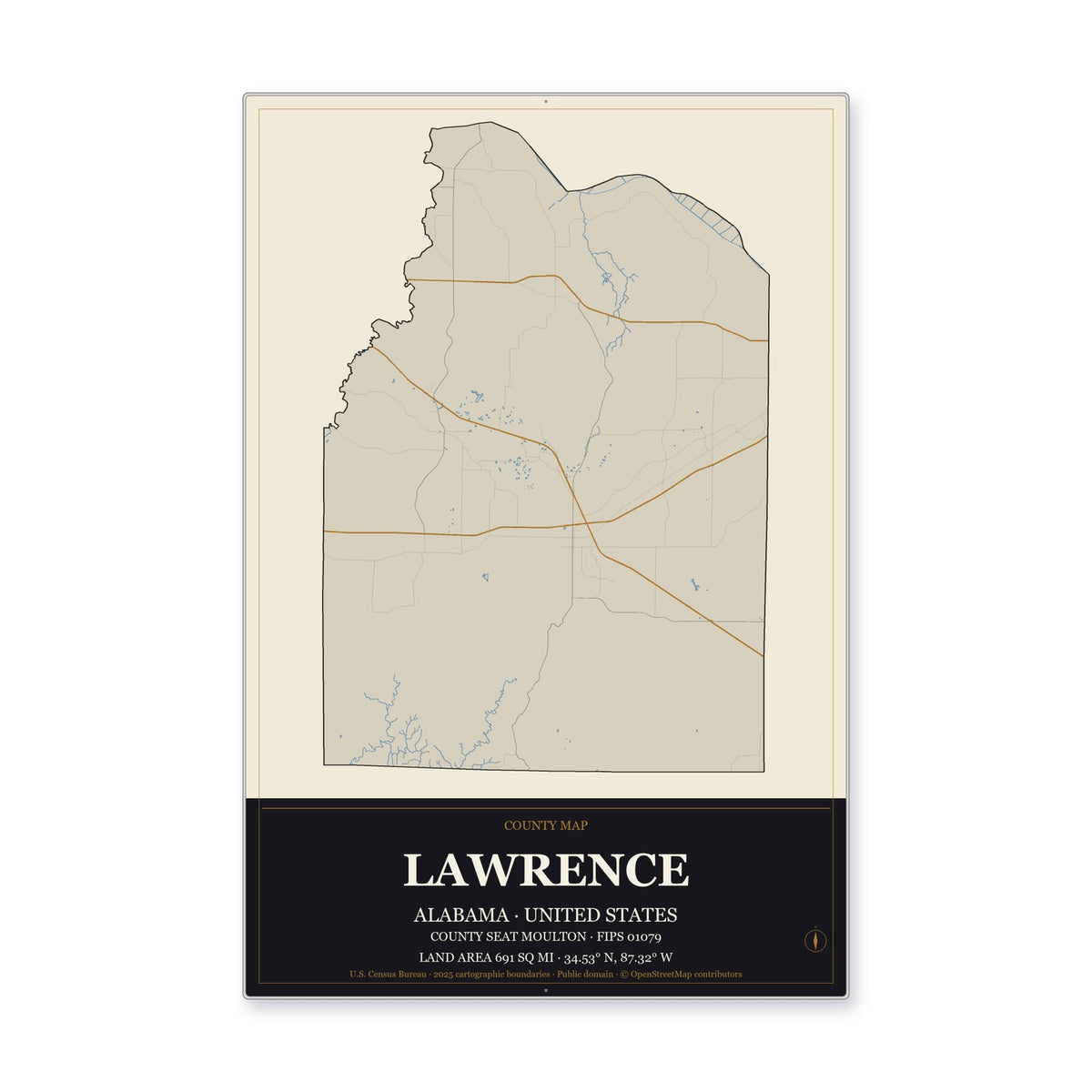 Lawrence County, Alabama Map Aluminum Sign in Museum Plaque style