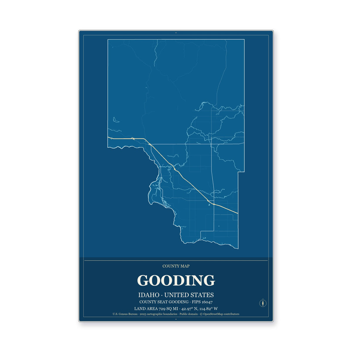Gooding County, Idaho Map Aluminum Sign in Harbor Cobalt style