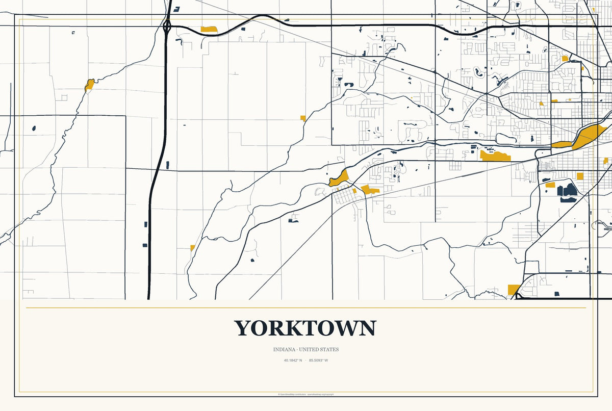 Yorktown, Indiana City Map Aluminum Sign in Citrine Modern style