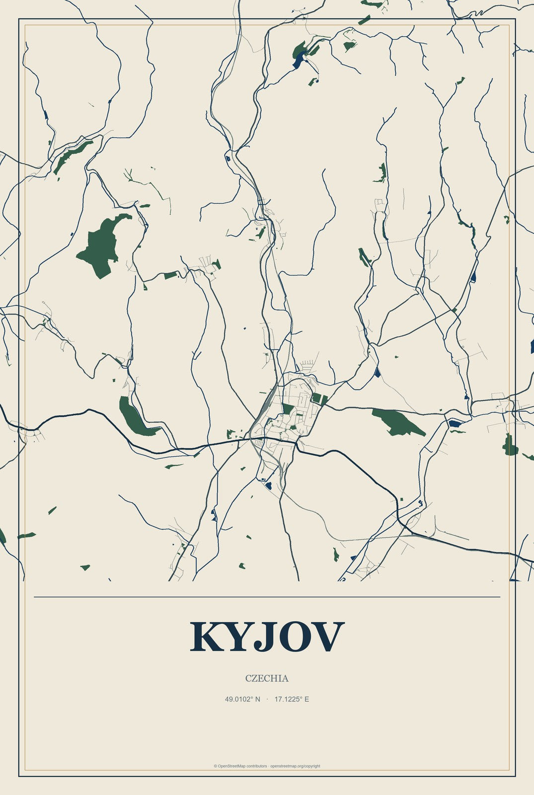 Kyjov, Czechia City Map Aluminum Sign in Coastal Cutout style