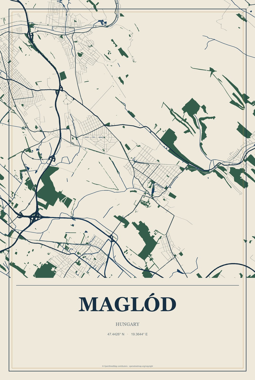 Maglód, Hungary City Map Aluminum Sign in Coastal Cutout style