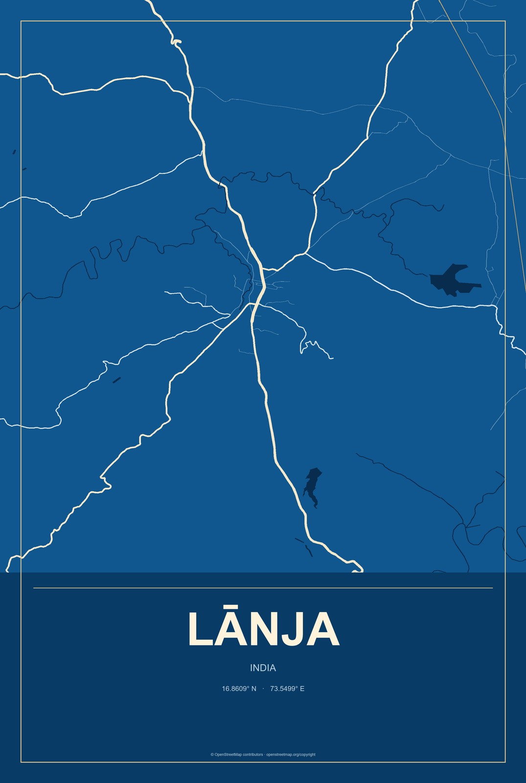 Lānja, India City Map Aluminum Sign in Harbor Cobalt style