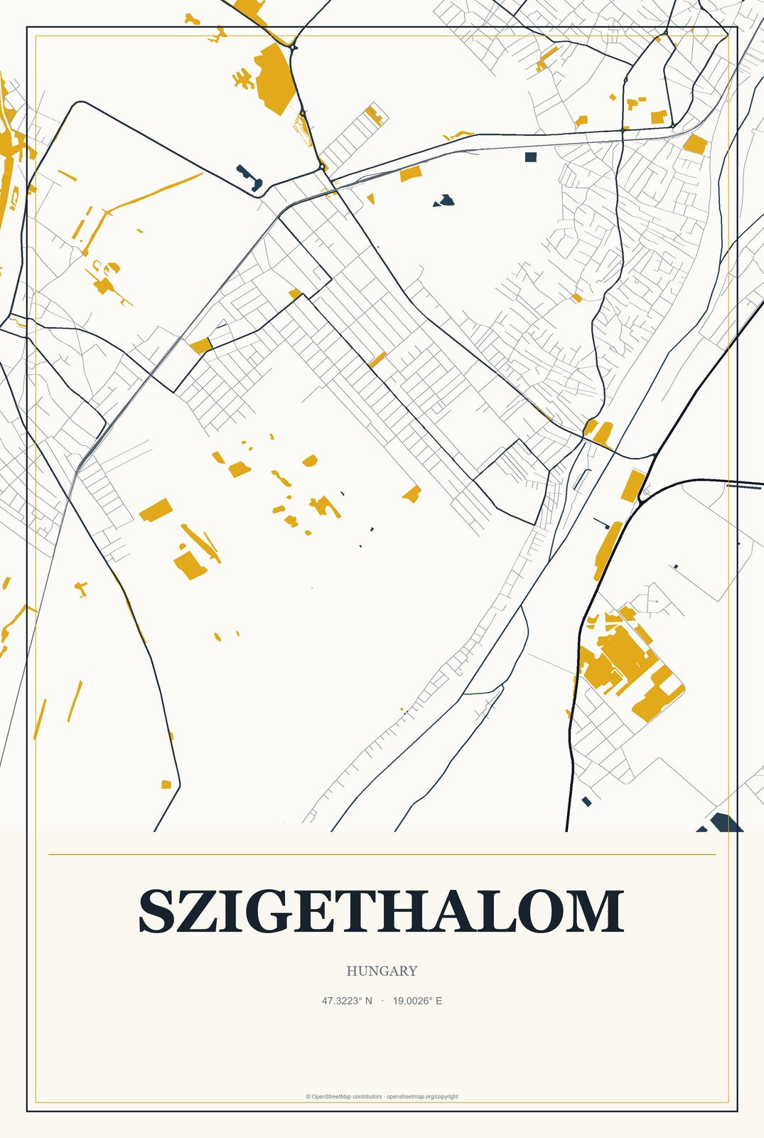 Szigethalom, Hungary City Map Aluminum Sign in Citrine Modern style