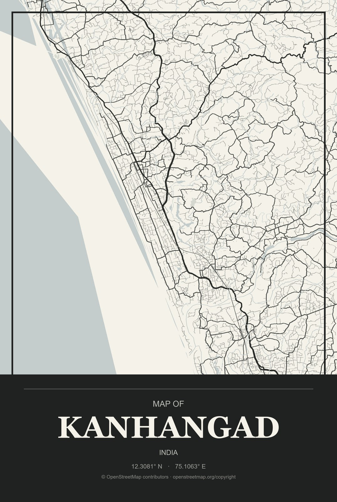 Kanhangad, India City Map Aluminum Sign in Museum Plaque style