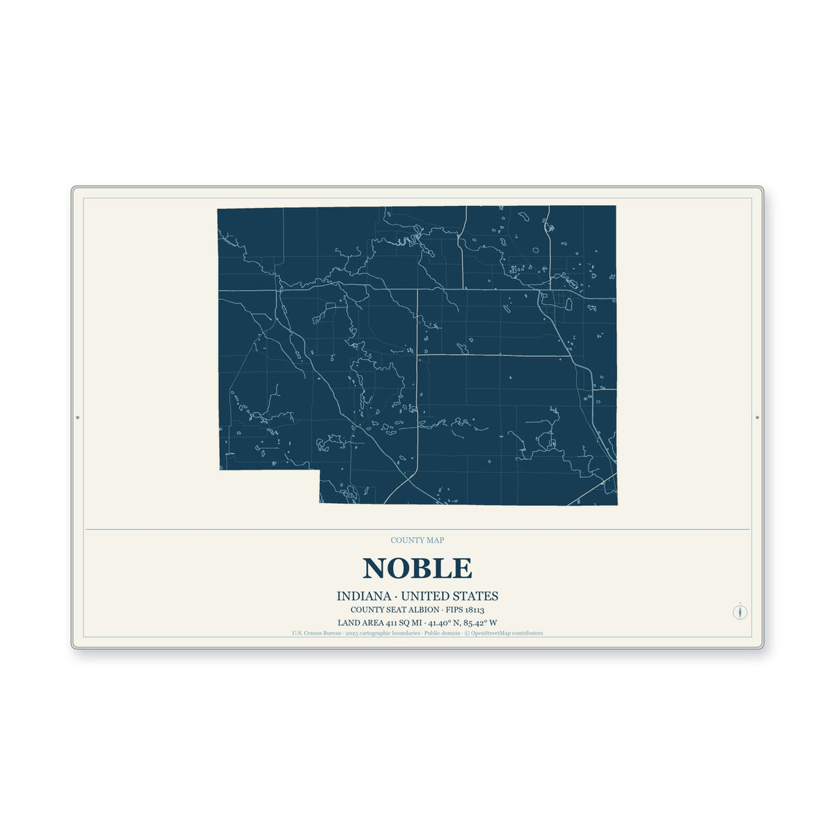 Noble County, Indiana Map Aluminum Sign in Coastal Cutout style