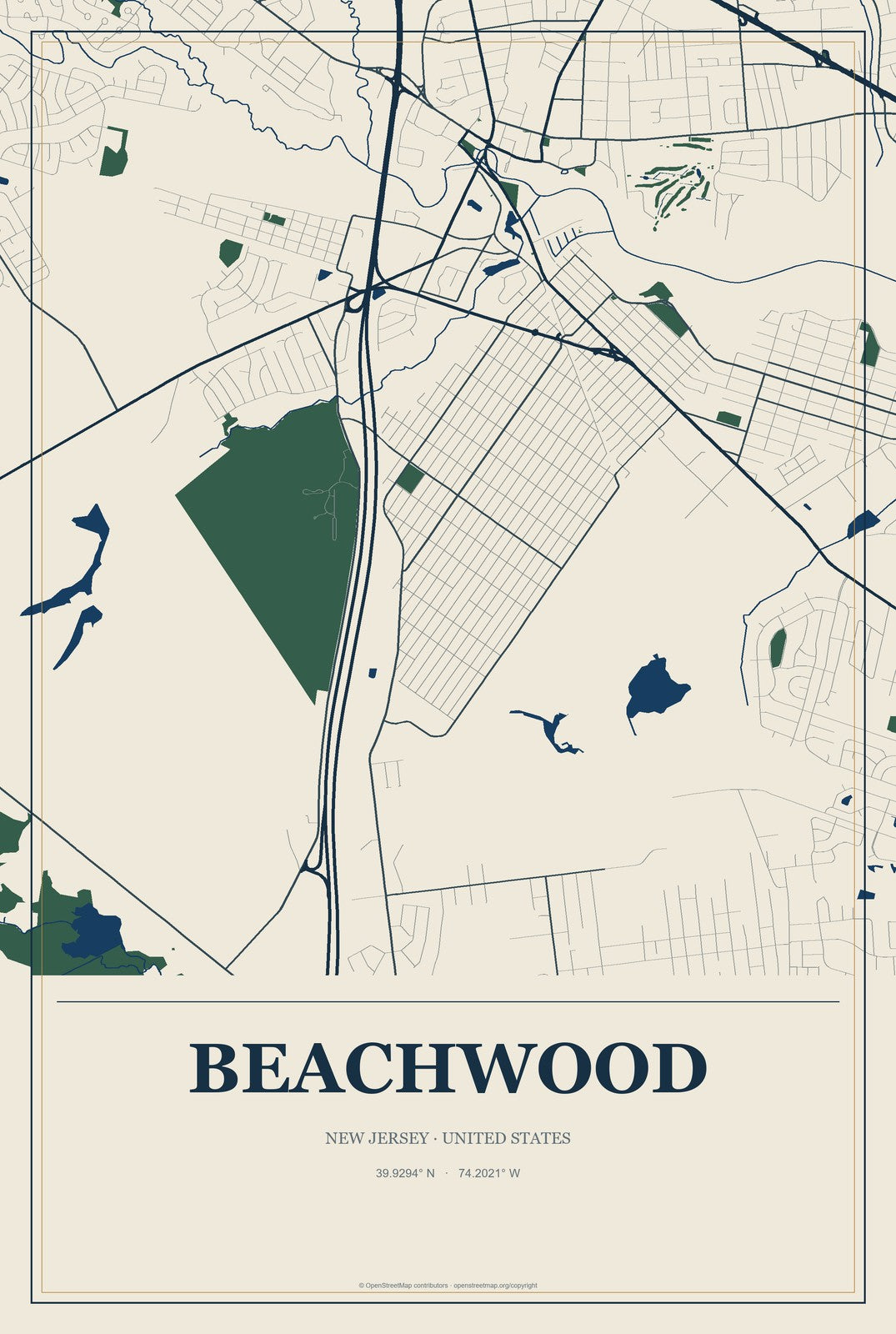 Beachwood, New Jersey City Map Aluminum Sign in Coastal Cutout style