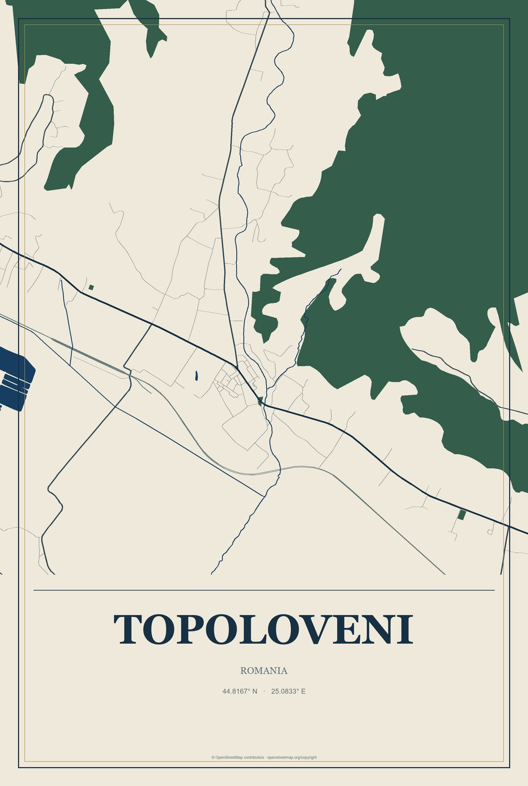 Topoloveni, Romania City Map Aluminum Sign in Coastal Cutout style