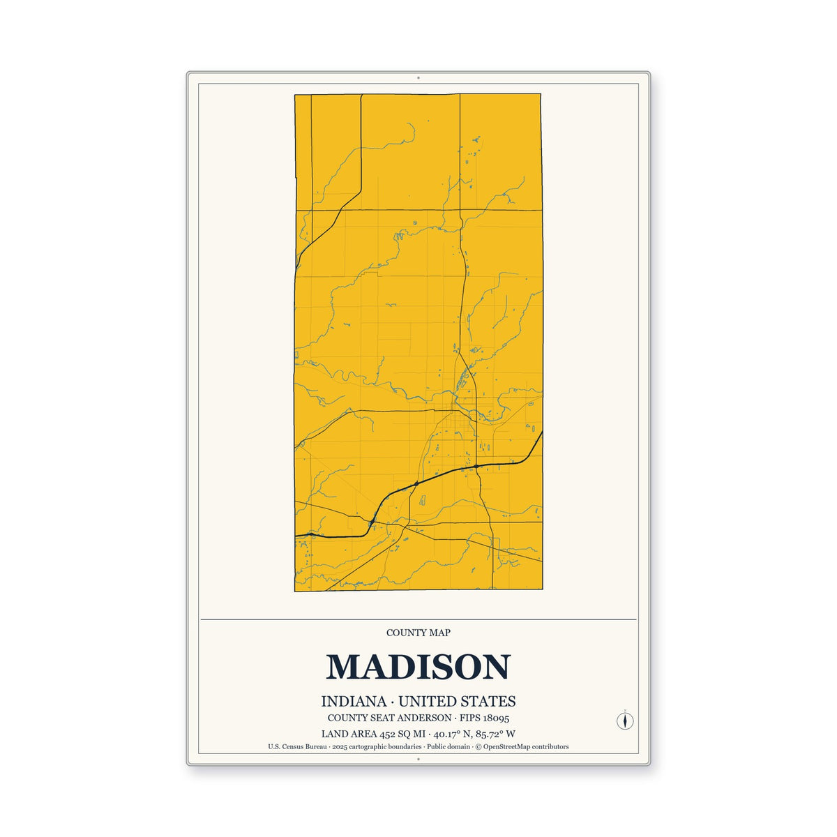 Madison County, Indiana Map Aluminum Sign in Citrine Modern style