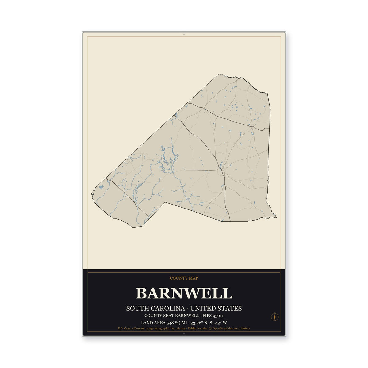 Barnwell County, South Carolina Map Aluminum Sign in Museum Plaque style