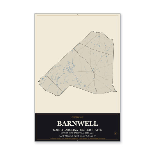 Barnwell County, South Carolina Map Aluminum Sign in Museum Plaque style